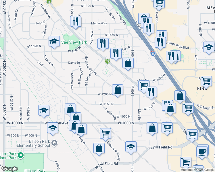 map of restaurants, bars, coffee shops, grocery stores, and more near 1359 North Marilyn Drive in Layton