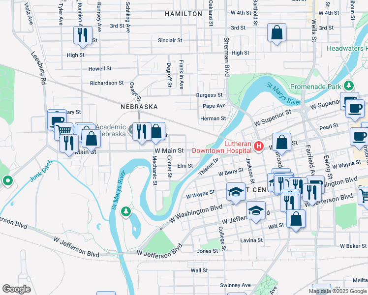 map of restaurants, bars, coffee shops, grocery stores, and more near 1154 West Main Street in Fort Wayne