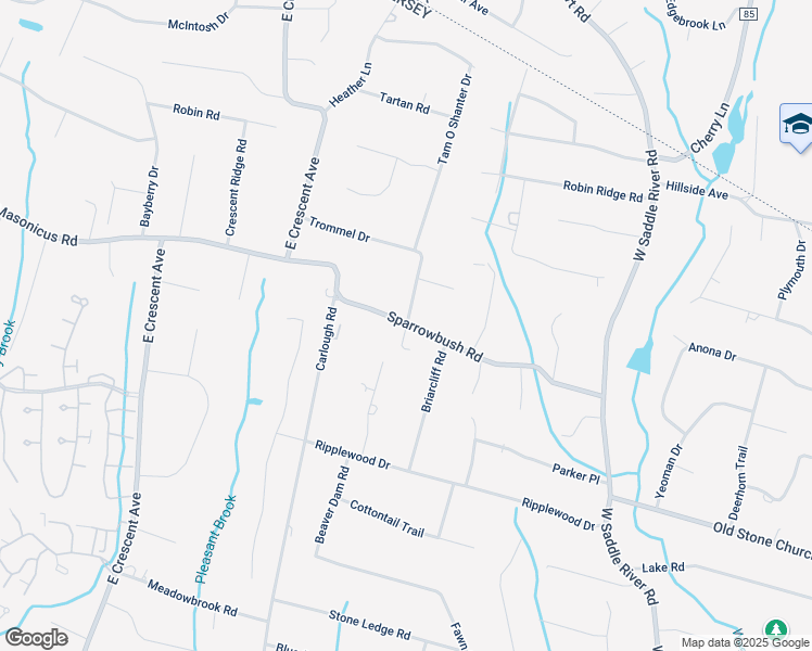map of restaurants, bars, coffee shops, grocery stores, and more near 73 Sparrowbush Road in Mahwah