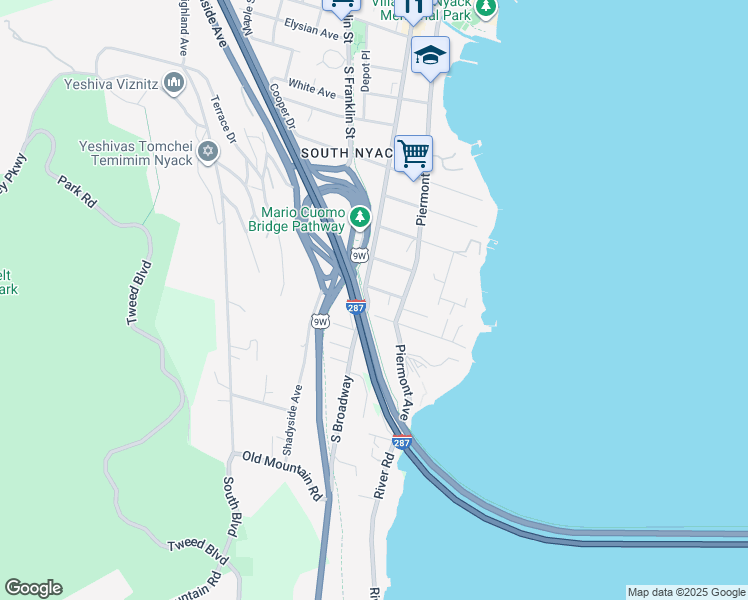 map of restaurants, bars, coffee shops, grocery stores, and more near 282 South Broadway in Nyack