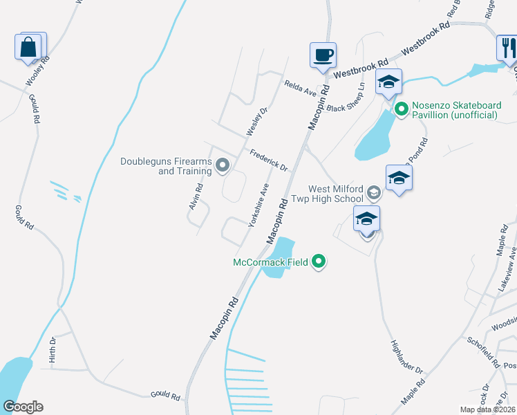 map of restaurants, bars, coffee shops, grocery stores, and more near 28 Yorkshire Avenue in West Milford