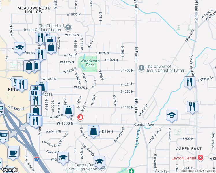 map of restaurants, bars, coffee shops, grocery stores, and more near 190 East 1325 North in Layton
