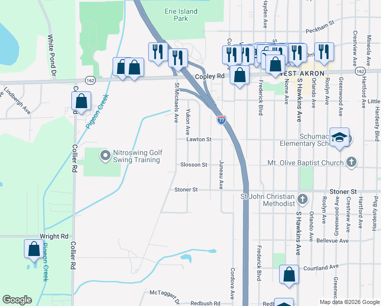map of restaurants, bars, coffee shops, grocery stores, and more near 1159 Yukon Avenue in Akron