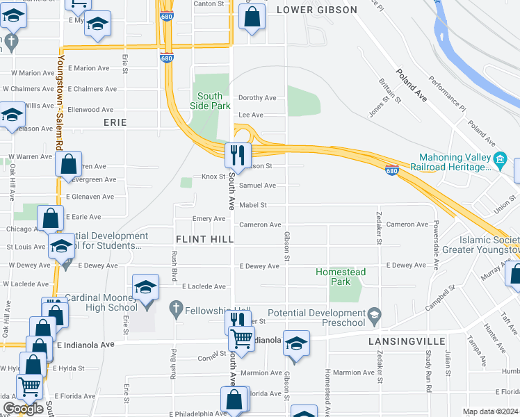 map of restaurants, bars, coffee shops, grocery stores, and more near 545 Mabel Street in Youngstown
