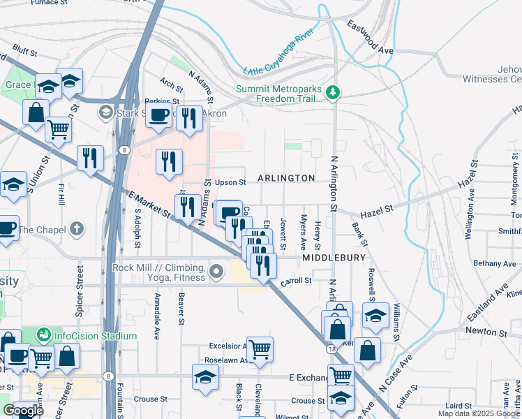 map of restaurants, bars, coffee shops, grocery stores, and more near 690 Hazel St in Akron