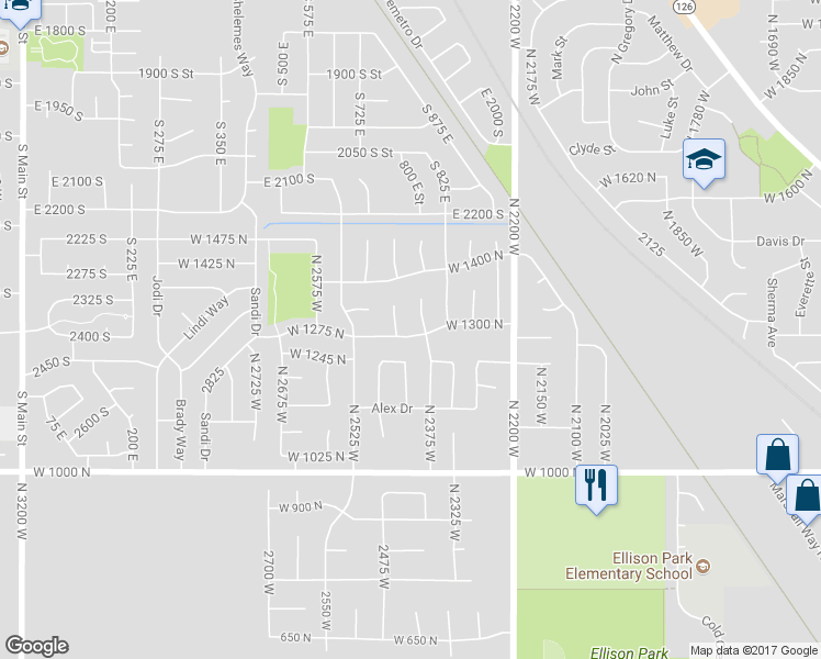 map of restaurants, bars, coffee shops, grocery stores, and more near 2406 West 1275 North in Layton