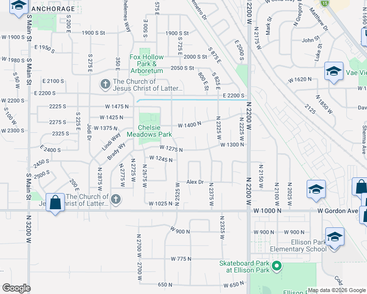 map of restaurants, bars, coffee shops, grocery stores, and more near 2486 West 1275 North in Layton