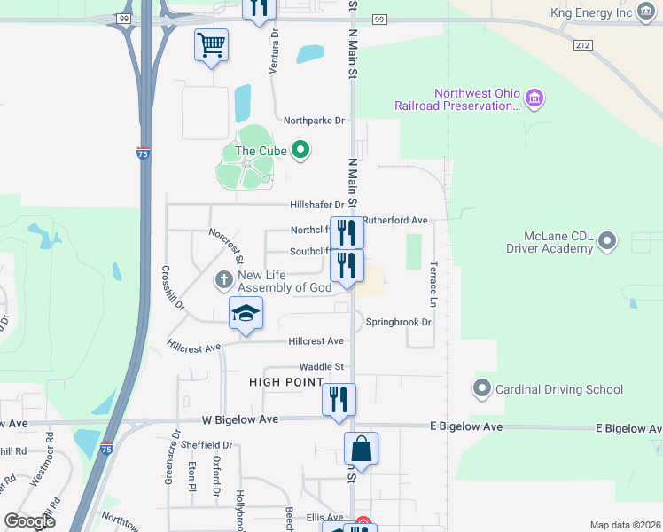 map of restaurants, bars, coffee shops, grocery stores, and more near 3210 North Main Street in Findlay