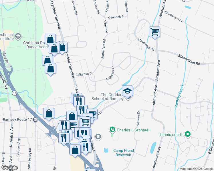 map of restaurants, bars, coffee shops, grocery stores, and more near 57 Indian Field Court in Mahwah