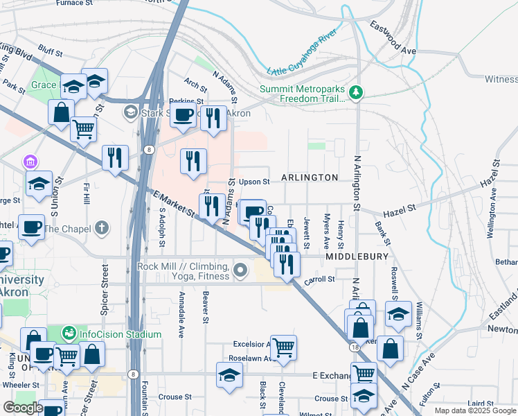 map of restaurants, bars, coffee shops, grocery stores, and more near 646 Hazel Street in Akron