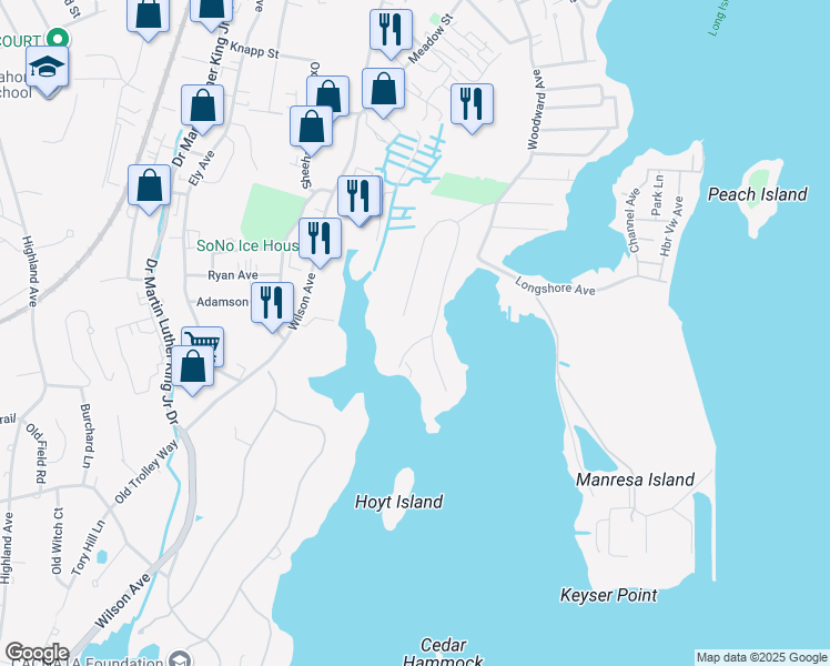 map of restaurants, bars, coffee shops, grocery stores, and more near 30 Dock Road in Norwalk