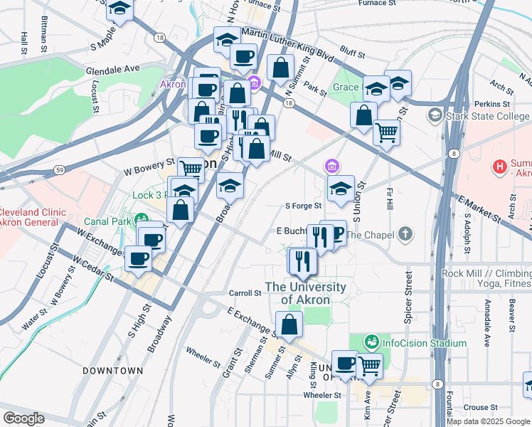 map of restaurants, bars, coffee shops, grocery stores, and more near in Akron