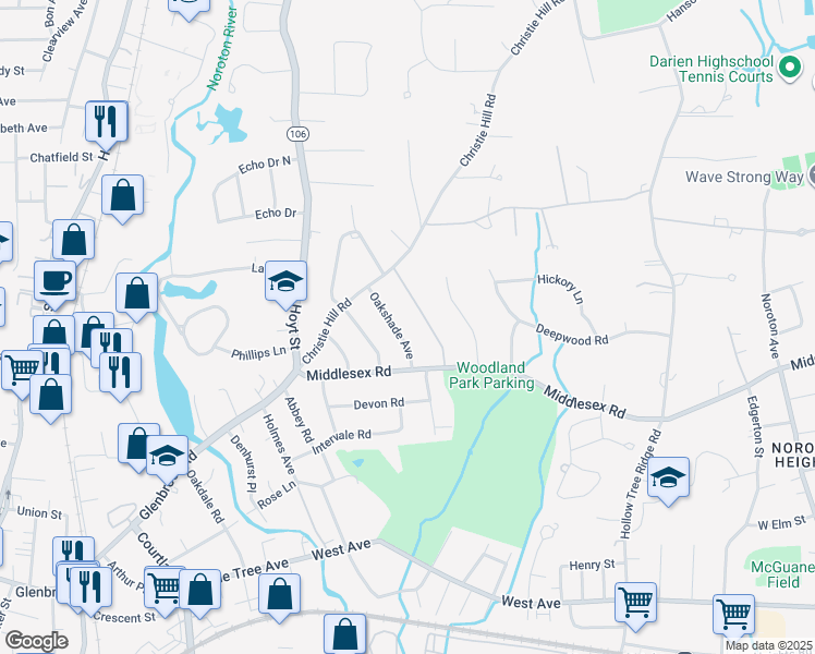 map of restaurants, bars, coffee shops, grocery stores, and more near 17 Oakshade Avenue in Darien