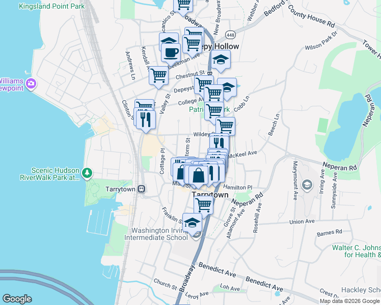 map of restaurants, bars, coffee shops, grocery stores, and more near 69 North Washington Street in Tarrytown