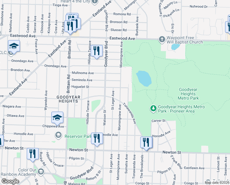 map of restaurants, bars, coffee shops, grocery stores, and more near 611 Saint Leger Avenue in Akron