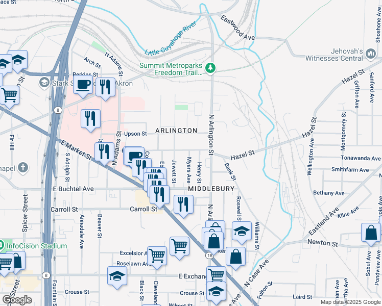 map of restaurants, bars, coffee shops, grocery stores, and more near 772 Hazel Street in Akron