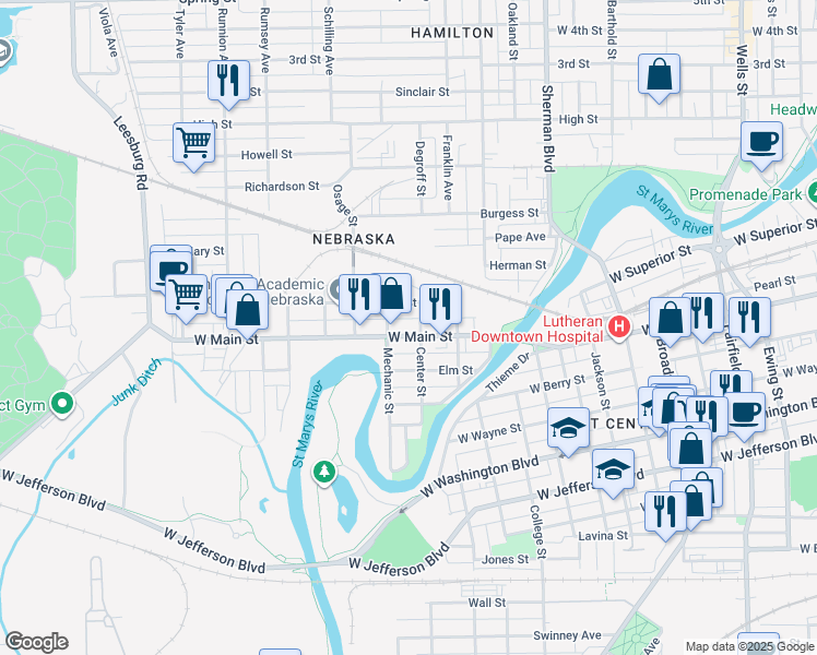 map of restaurants, bars, coffee shops, grocery stores, and more near 1216 West Main Street in Fort Wayne