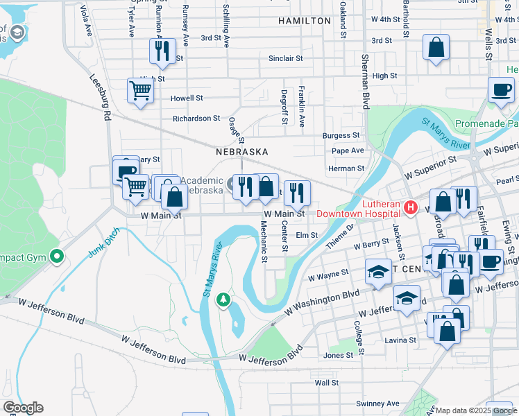 map of restaurants, bars, coffee shops, grocery stores, and more near 616 Mechanic Street in Fort Wayne