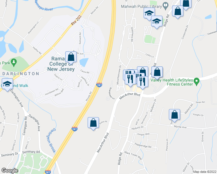 map of restaurants, bars, coffee shops, grocery stores, and more near 168 Grandview Lane in Mahwah
