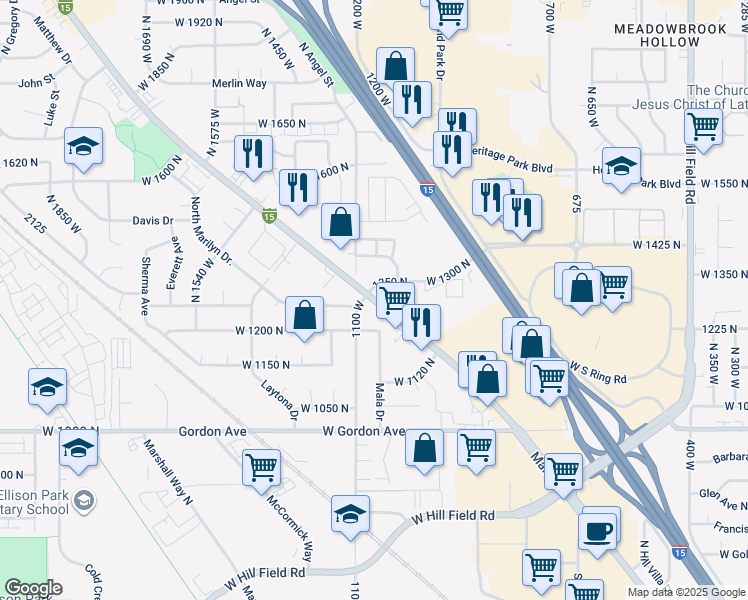 map of restaurants, bars, coffee shops, grocery stores, and more near 1298 North Main Street in Layton