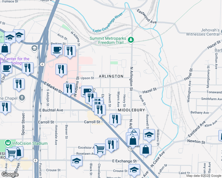 map of restaurants, bars, coffee shops, grocery stores, and more near 730 Hazel Street in Akron