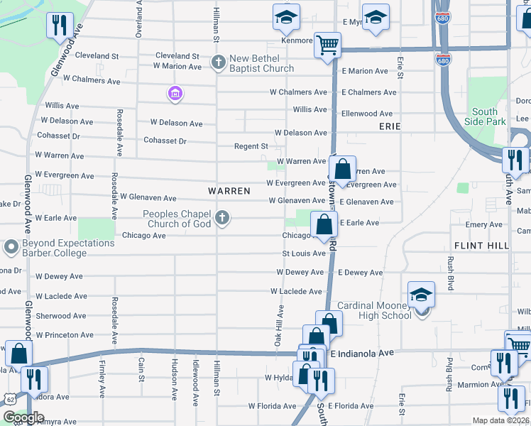 map of restaurants, bars, coffee shops, grocery stores, and more near 132 West Earle Avenue in Youngstown