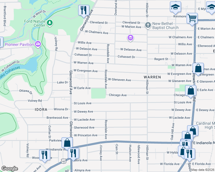 map of restaurants, bars, coffee shops, grocery stores, and more near 2127 Rosedale Avenue in Youngstown
