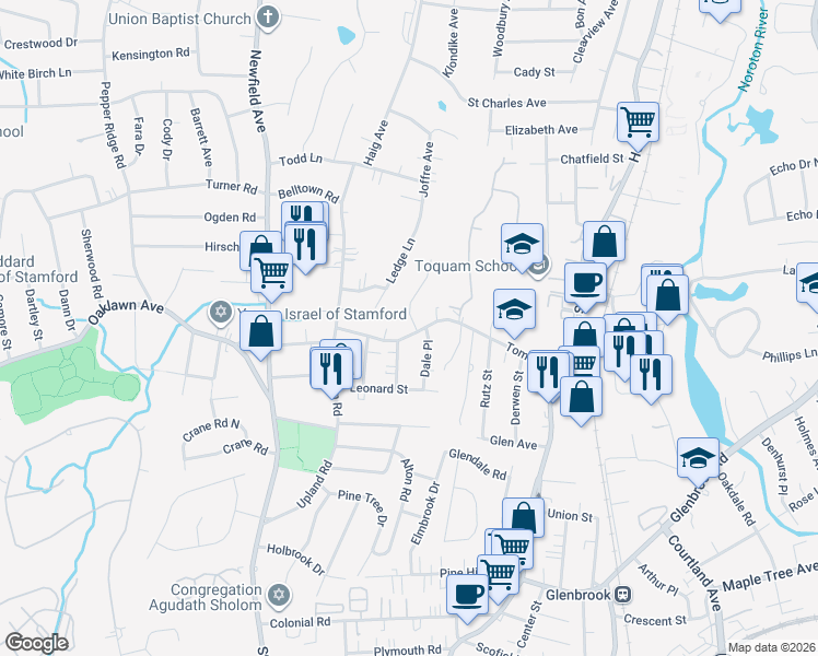 map of restaurants, bars, coffee shops, grocery stores, and more near 6 Autumn Lane in Stamford