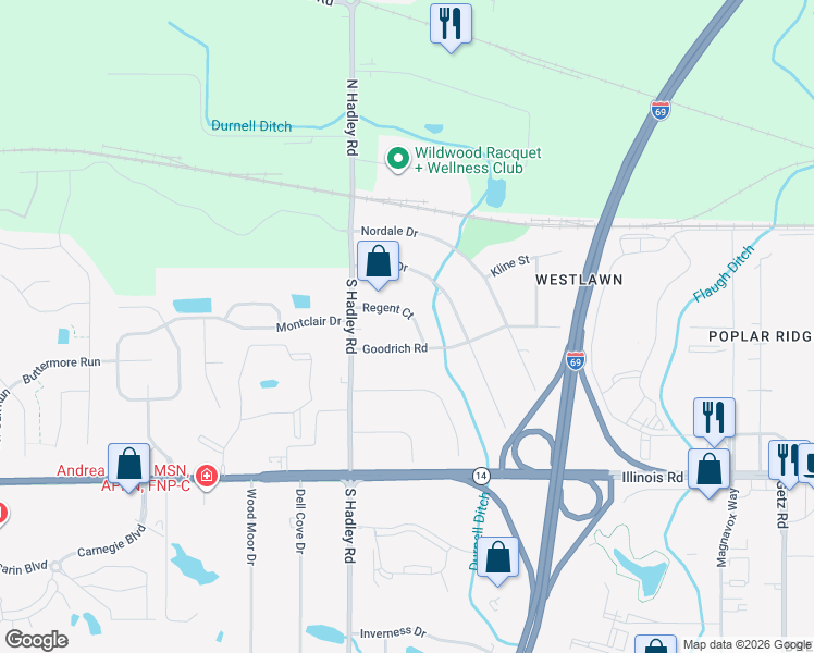 map of restaurants, bars, coffee shops, grocery stores, and more near 6903 Regent Court in Fort Wayne