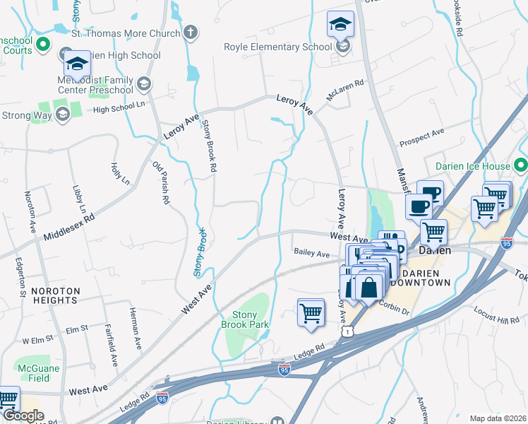 map of restaurants, bars, coffee shops, grocery stores, and more near 10 Stony Brook Road in Darien