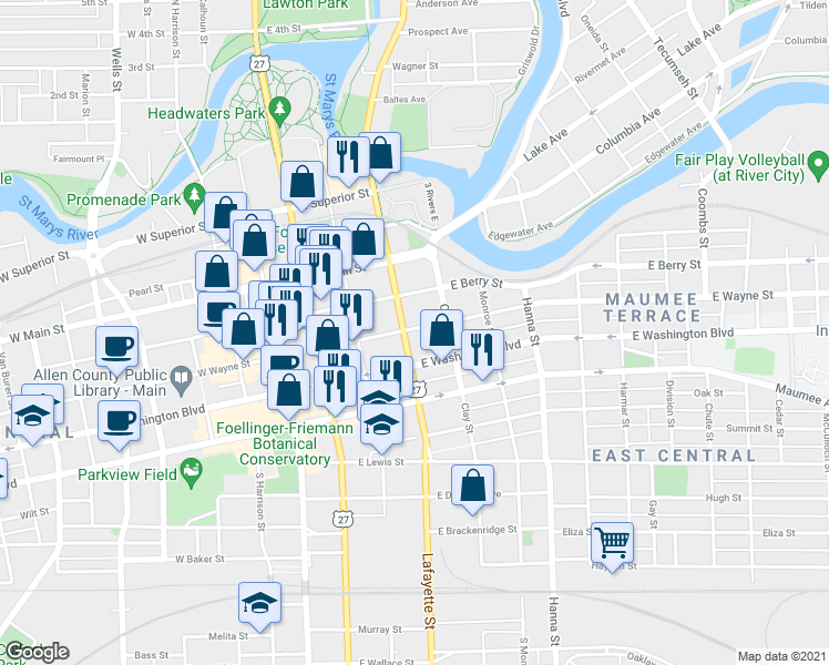 map of restaurants, bars, coffee shops, grocery stores, and more near 412 East Wayne Street in Fort Wayne