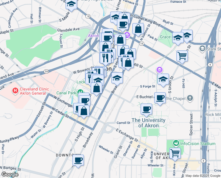 map of restaurants, bars, coffee shops, grocery stores, and more near 53 University Avenue in Akron