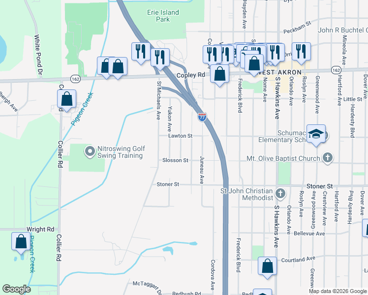 map of restaurants, bars, coffee shops, grocery stores, and more near 1145 Himelright Boulevard in Akron