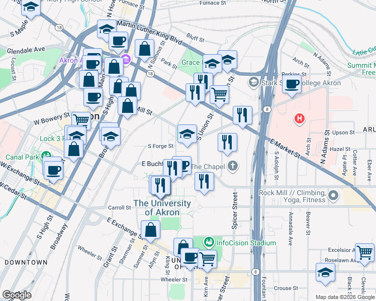map of restaurants, bars, coffee shops, grocery stores, and more near 123 South Forge Street in Akron