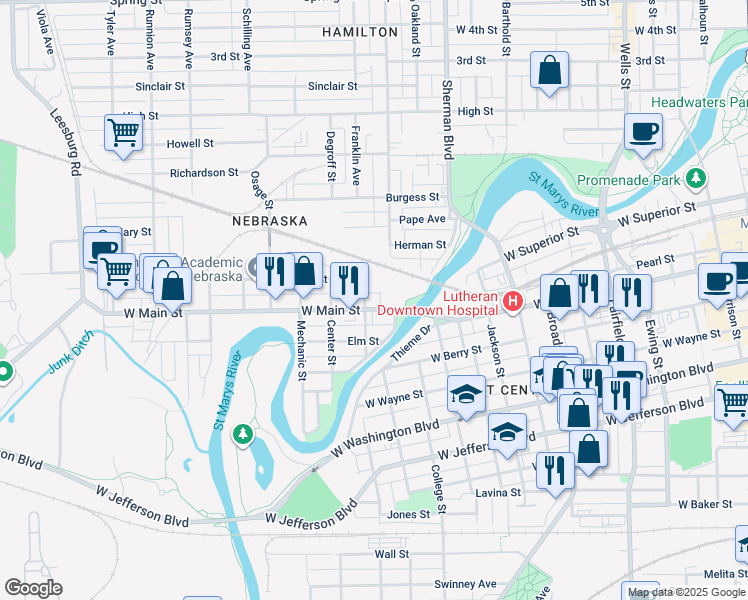 map of restaurants, bars, coffee shops, grocery stores, and more near 1154 West Main Street in Fort Wayne