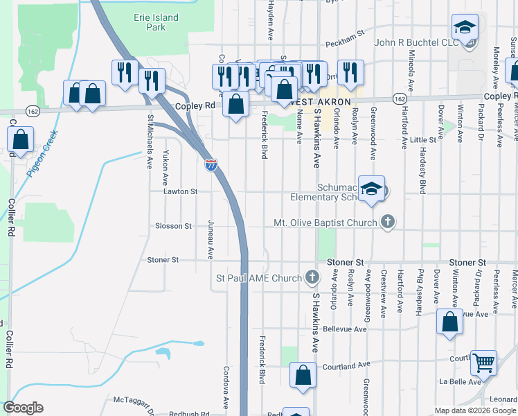 map of restaurants, bars, coffee shops, grocery stores, and more near 1116 Frederick Boulevard in Akron