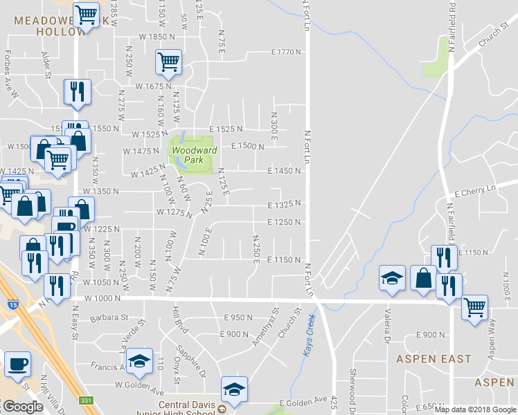 map of restaurants, bars, coffee shops, grocery stores, and more near 258 East 1325 North in Layton