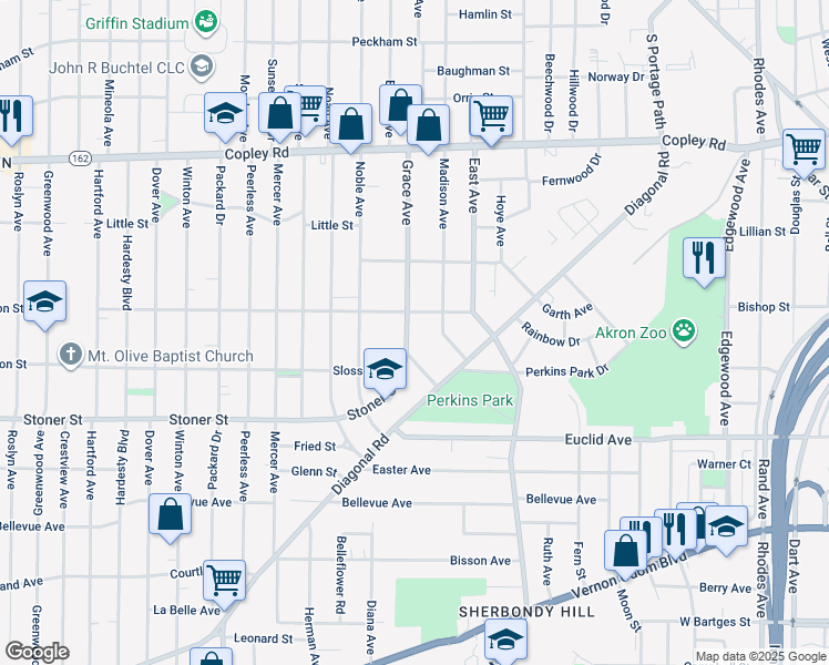 map of restaurants, bars, coffee shops, grocery stores, and more near 701 Grace Avenue in Akron
