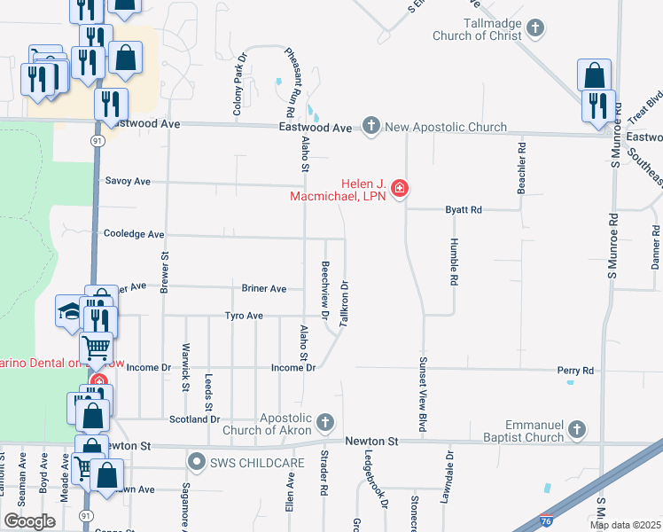 map of restaurants, bars, coffee shops, grocery stores, and more near 739 Beechview Dr in Akron