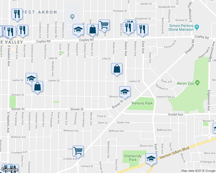 map of restaurants, bars, coffee shops, grocery stores, and more near 679 Noah Ave in Akron