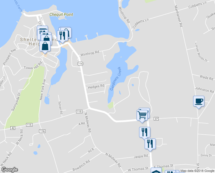 map of restaurants, bars, coffee shops, grocery stores, and more near 142H North Ferry Road in Shelter Island