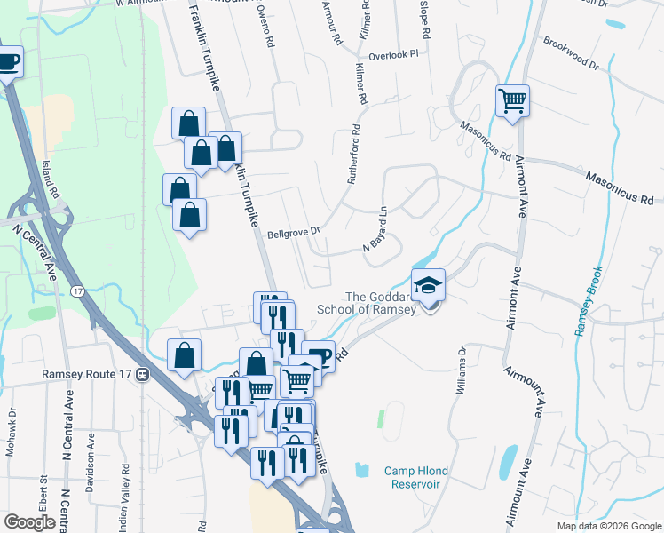 map of restaurants, bars, coffee shops, grocery stores, and more near 139 Indian Hollow Court in Mahwah
