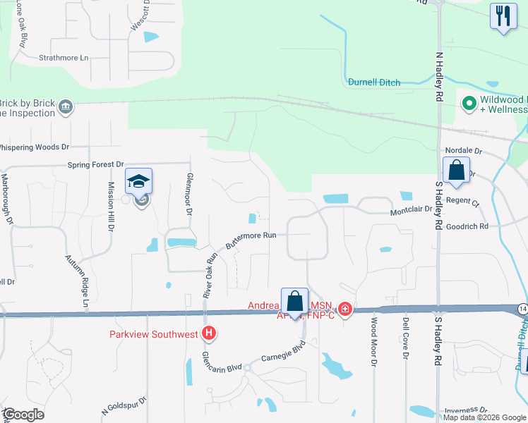 map of restaurants, bars, coffee shops, grocery stores, and more near 509 Deer Cliff Run in Fort Wayne