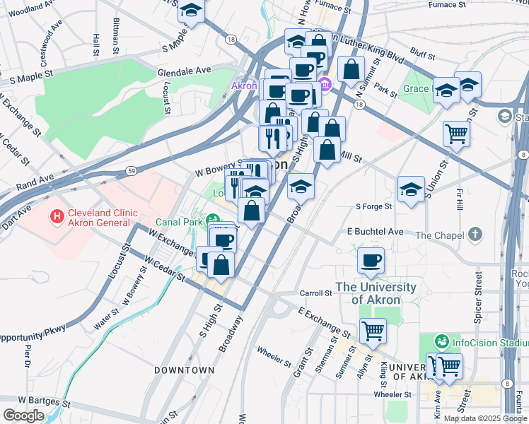 map of restaurants, bars, coffee shops, grocery stores, and more near 235 South High Street in Akron