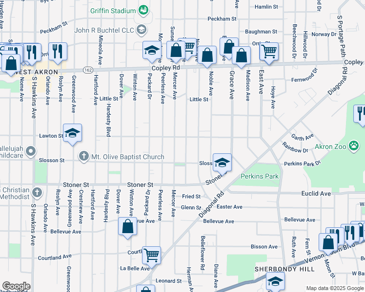 map of restaurants, bars, coffee shops, grocery stores, and more near 860 Storer Ave in Akron