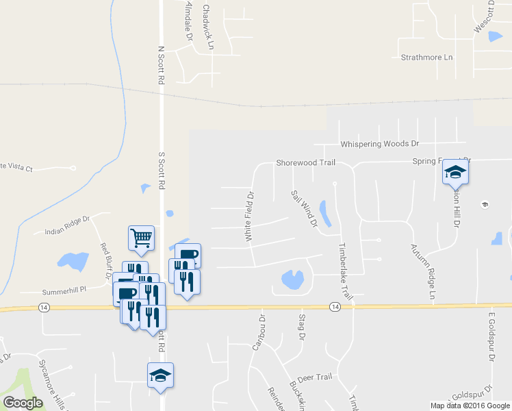 map of restaurants, bars, coffee shops, grocery stores, and more near 535 White Field Drive in Fort Wayne