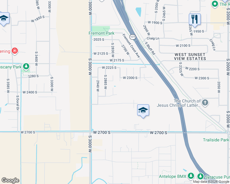 map of restaurants, bars, coffee shops, grocery stores, and more near 2393 South 2830 West in Syracuse