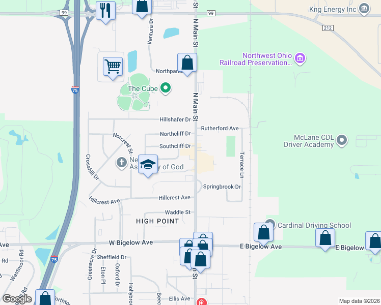 map of restaurants, bars, coffee shops, grocery stores, and more near 3210 N Main St in Findlay