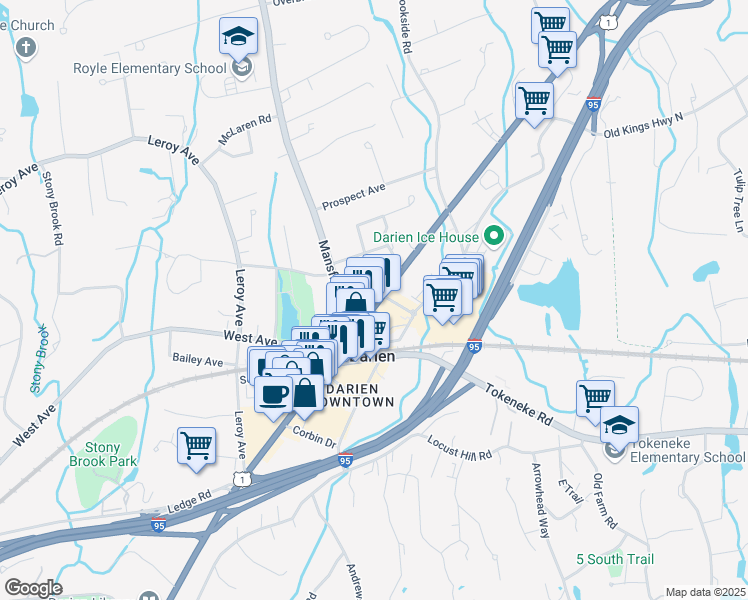 map of restaurants, bars, coffee shops, grocery stores, and more near 805 Boston Post Road in Darien