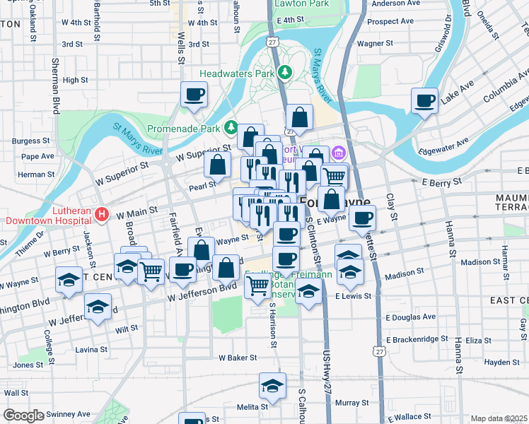 map of restaurants, bars, coffee shops, grocery stores, and more near 110 West Berry Street in Fort Wayne